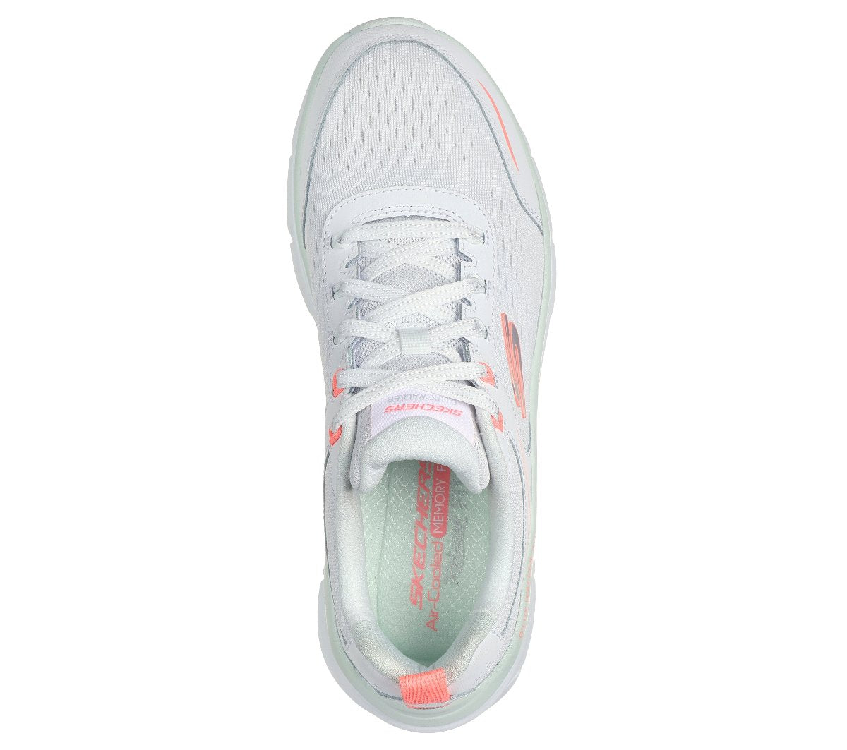 150093#WMLT/WHITE LEATHER/MESH/NEON CORAL & MINT TRIM