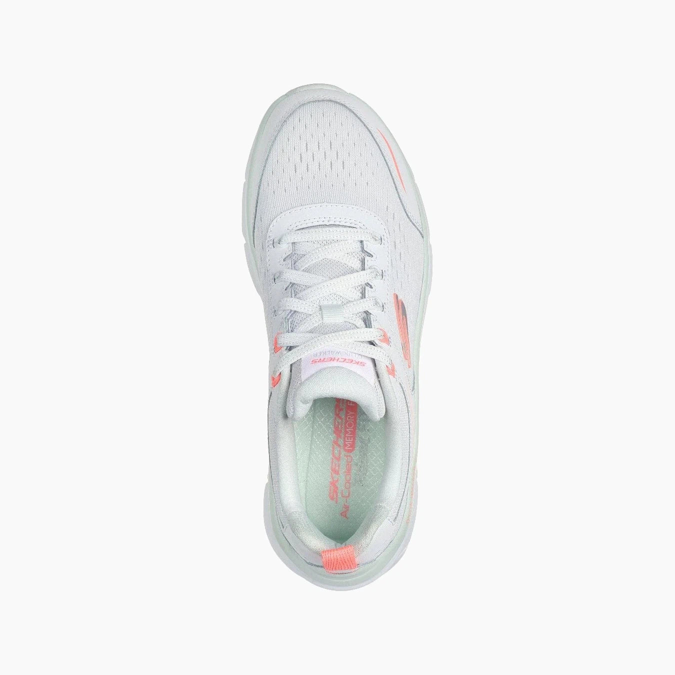 150093#WMLT/WHITE LEATHER/MESH/NEON CORAL & MINT TRIM