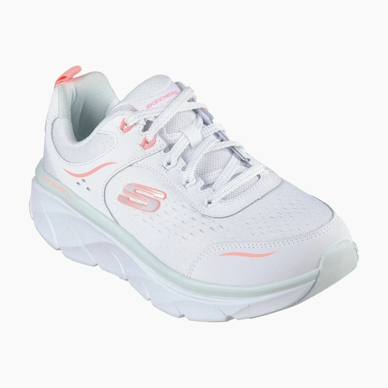 150093#WMLT/WHITE LEATHER/MESH/NEON CORAL & MINT TRIM