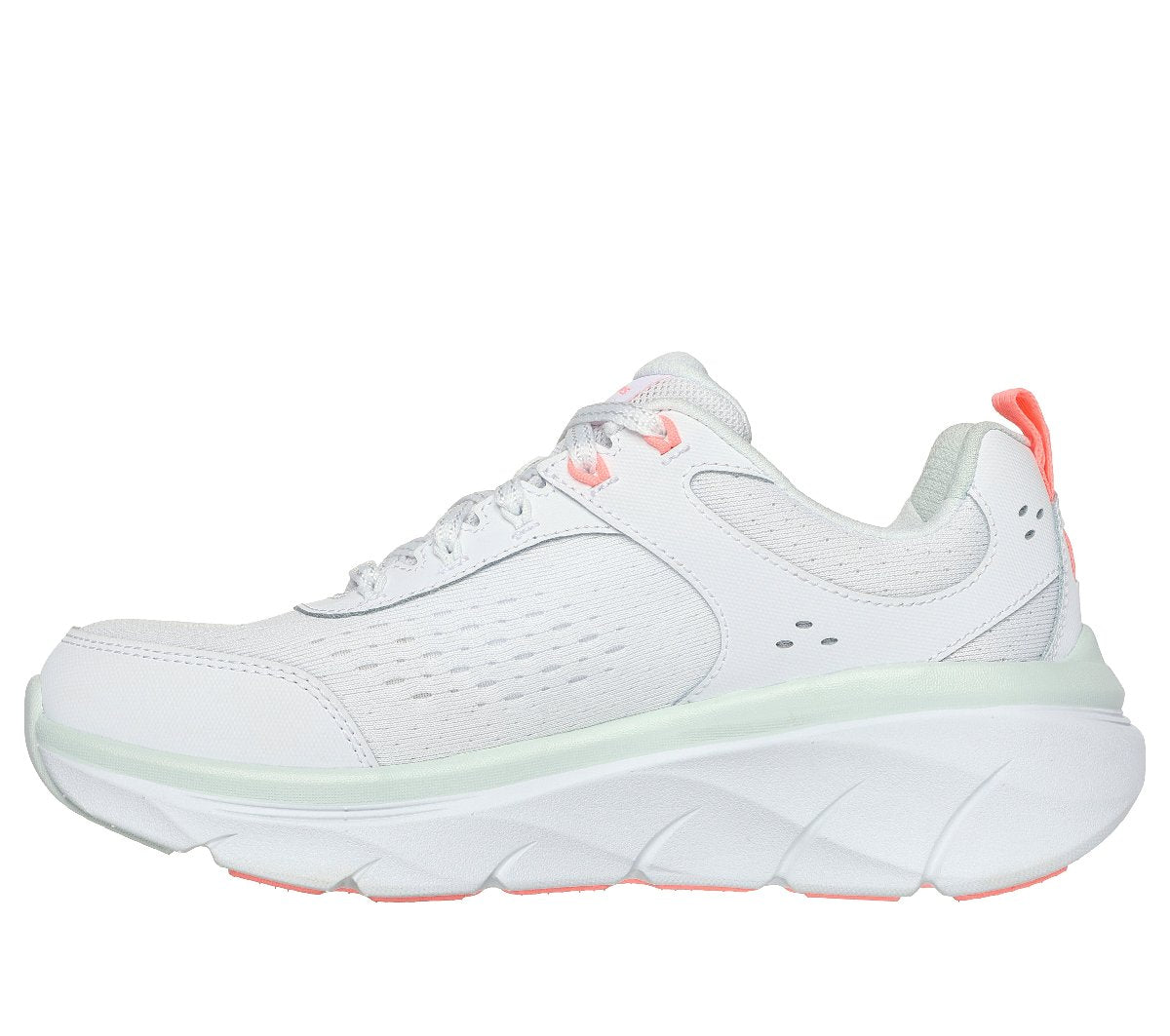 150093#WMLT/WHITE LEATHER/MESH/NEON CORAL & MINT TRIM